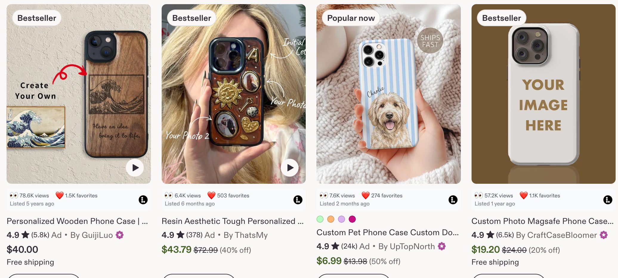 A row of Etsy phone case listings with the Listadum browser extension showing views and favorites on each card.