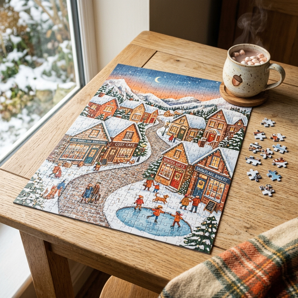 A real Etsy-listing-style example of an illustrated scene puzzle: a whimsical cozy village illustration assembled as a finished jigsaw, styled on a table.
