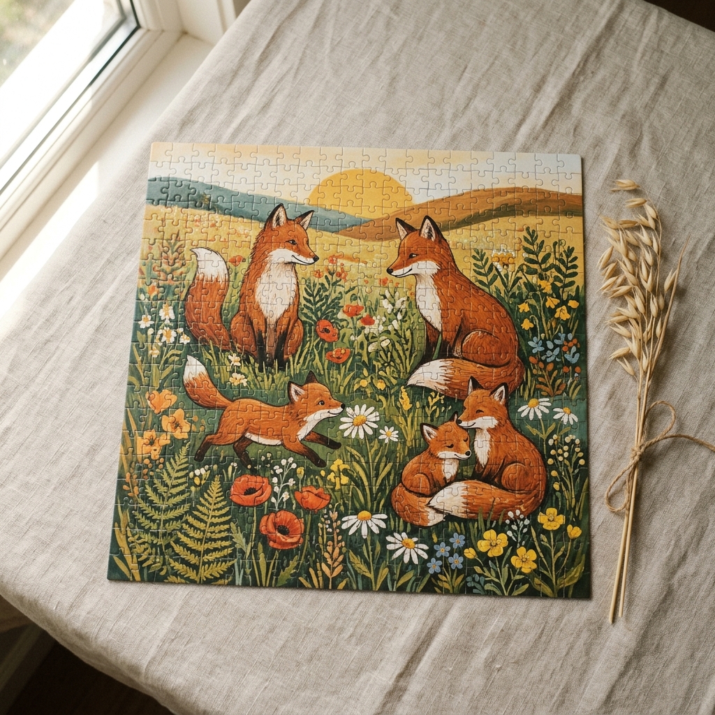 A real Etsy-listing-style example of an animal puzzle: a charming illustrated animal portrait completed as a jigsaw on a neutral surface.