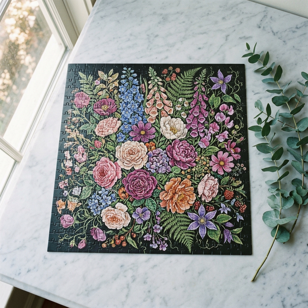 A real Etsy-listing-style example of a botanical puzzle: a lush illustrated flower arrangement completed as a jigsaw, styled with greenery.