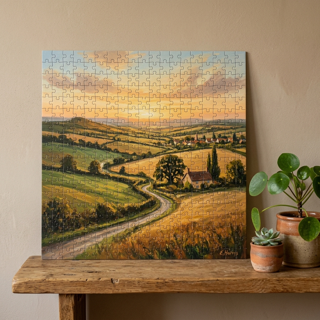 A real Etsy-listing-style example of a fine-art puzzle: a painterly landscape reproduction completed as a jigsaw, framed by a warm styled setting.