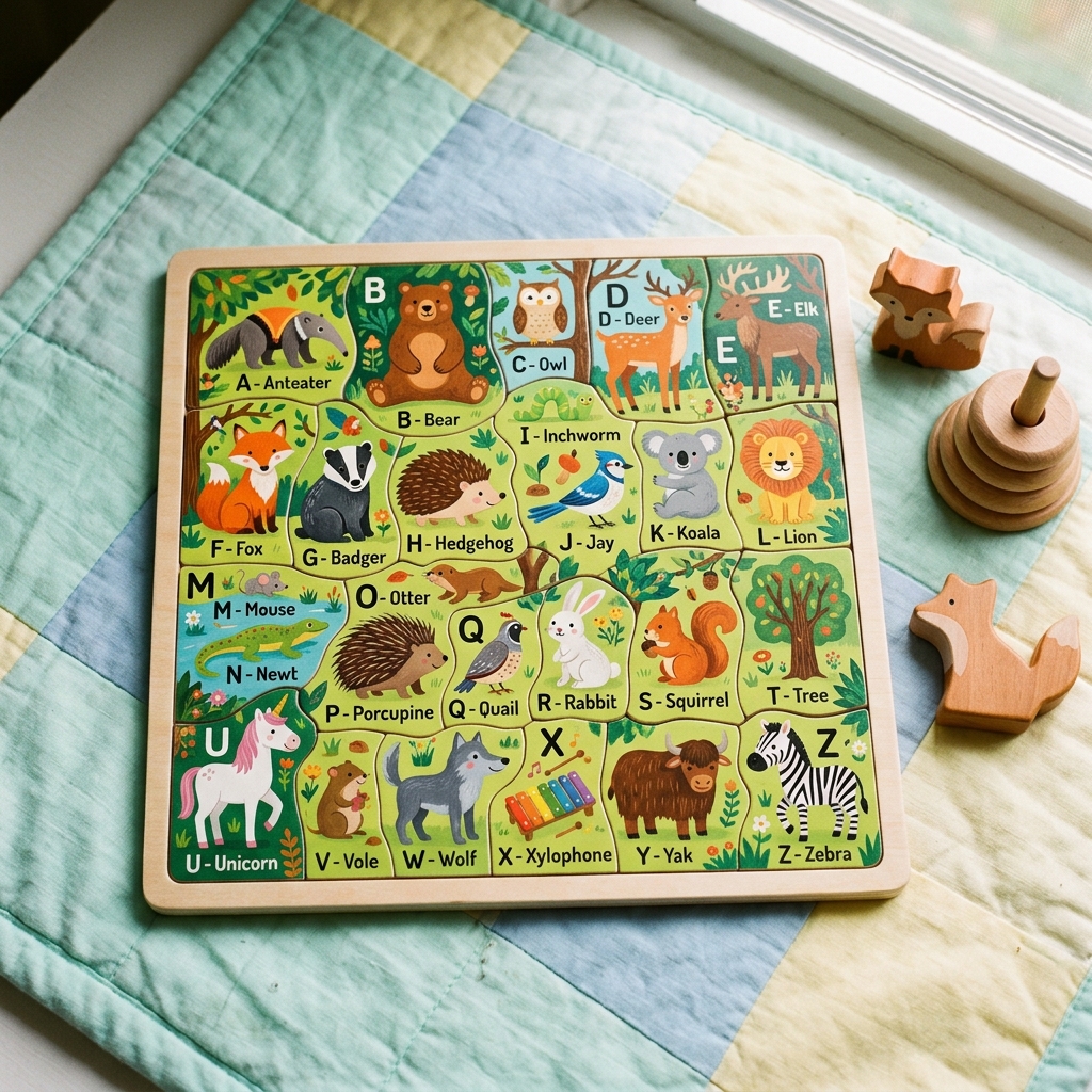 A real Etsy-listing-style example of a kids' puzzle: a bright, friendly illustrated learning scene completed as a chunky jigsaw.