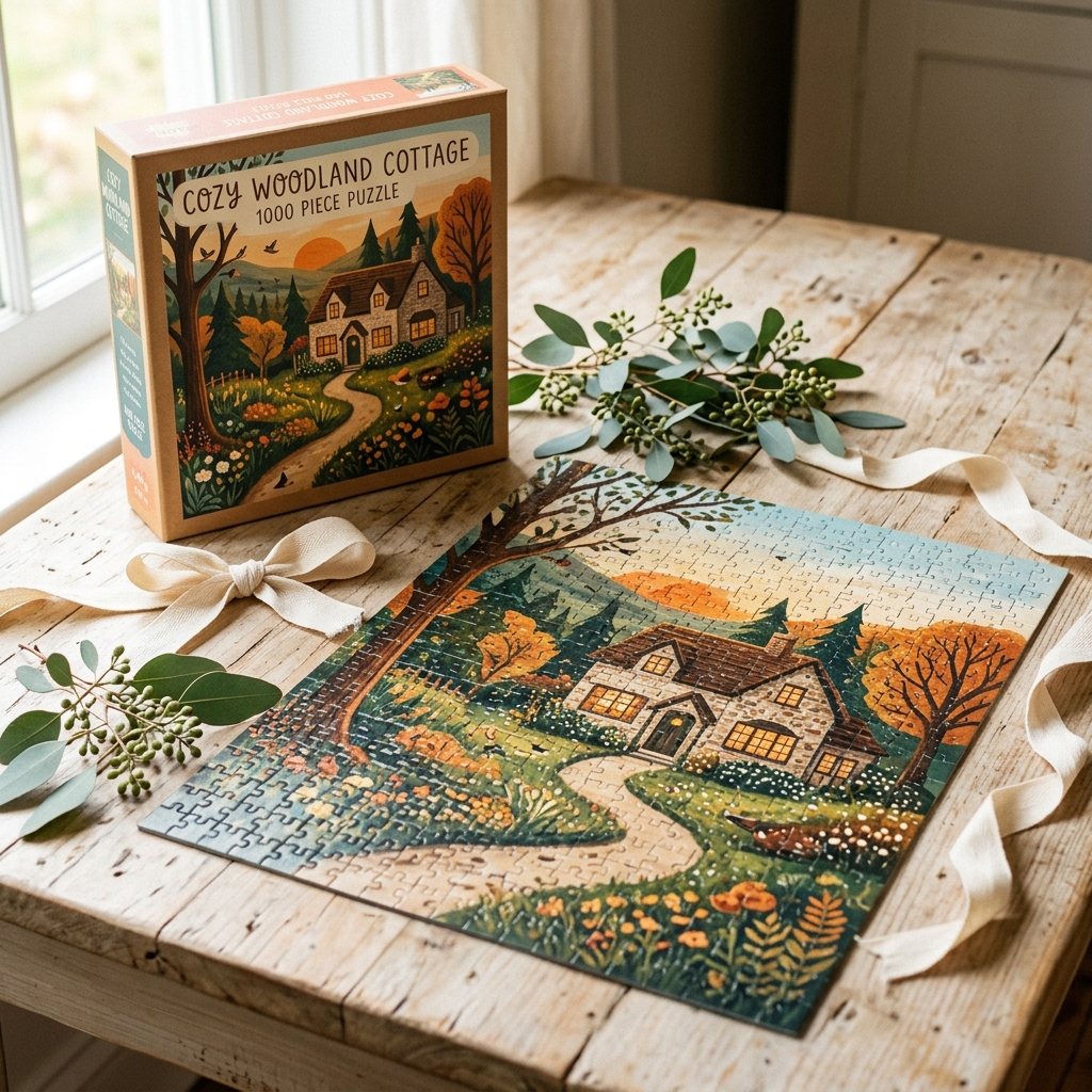 A real Etsy-listing-style boxed, gift-ready puzzle photo: a finished illustrated puzzle beside its printed box, styled warmly. Show the finished picture, not a pile of loose pieces on white.