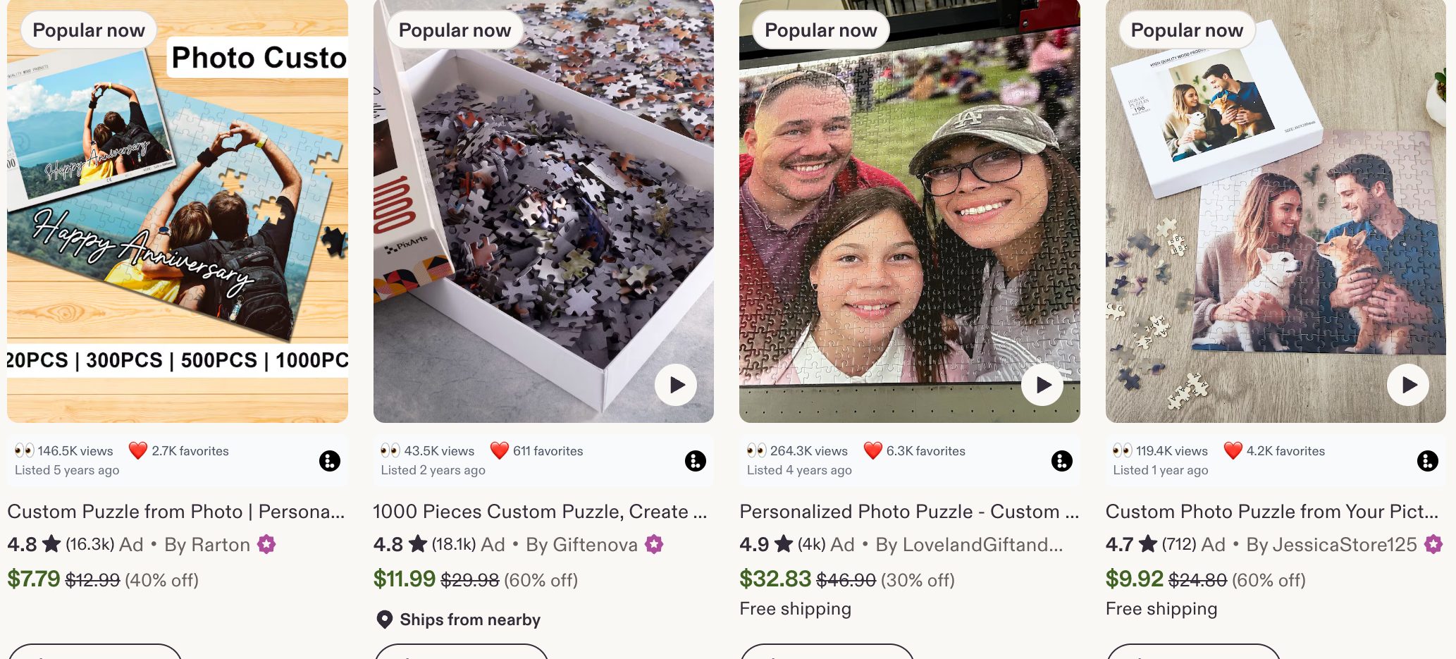 A row of Etsy puzzle listings with the Listadum browser extension showing views and favorites on each card.