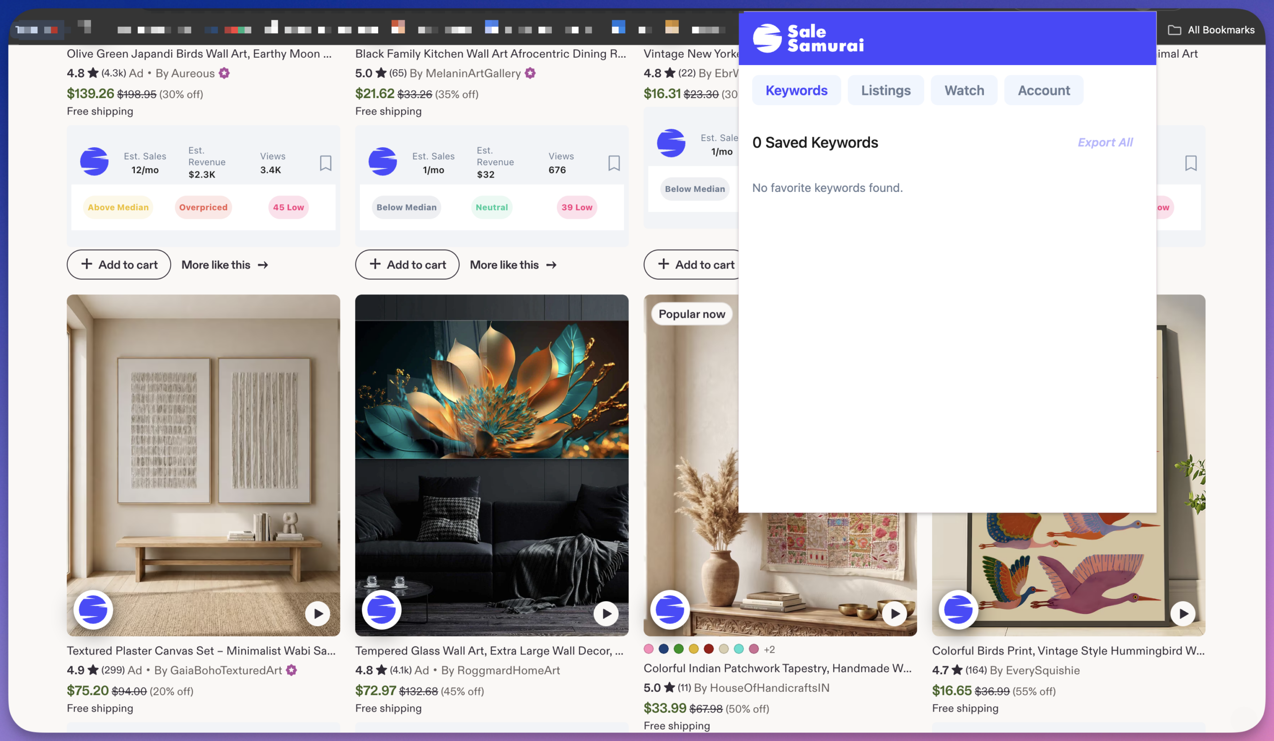 Sale Samurai's Chrome extension shown on Etsy