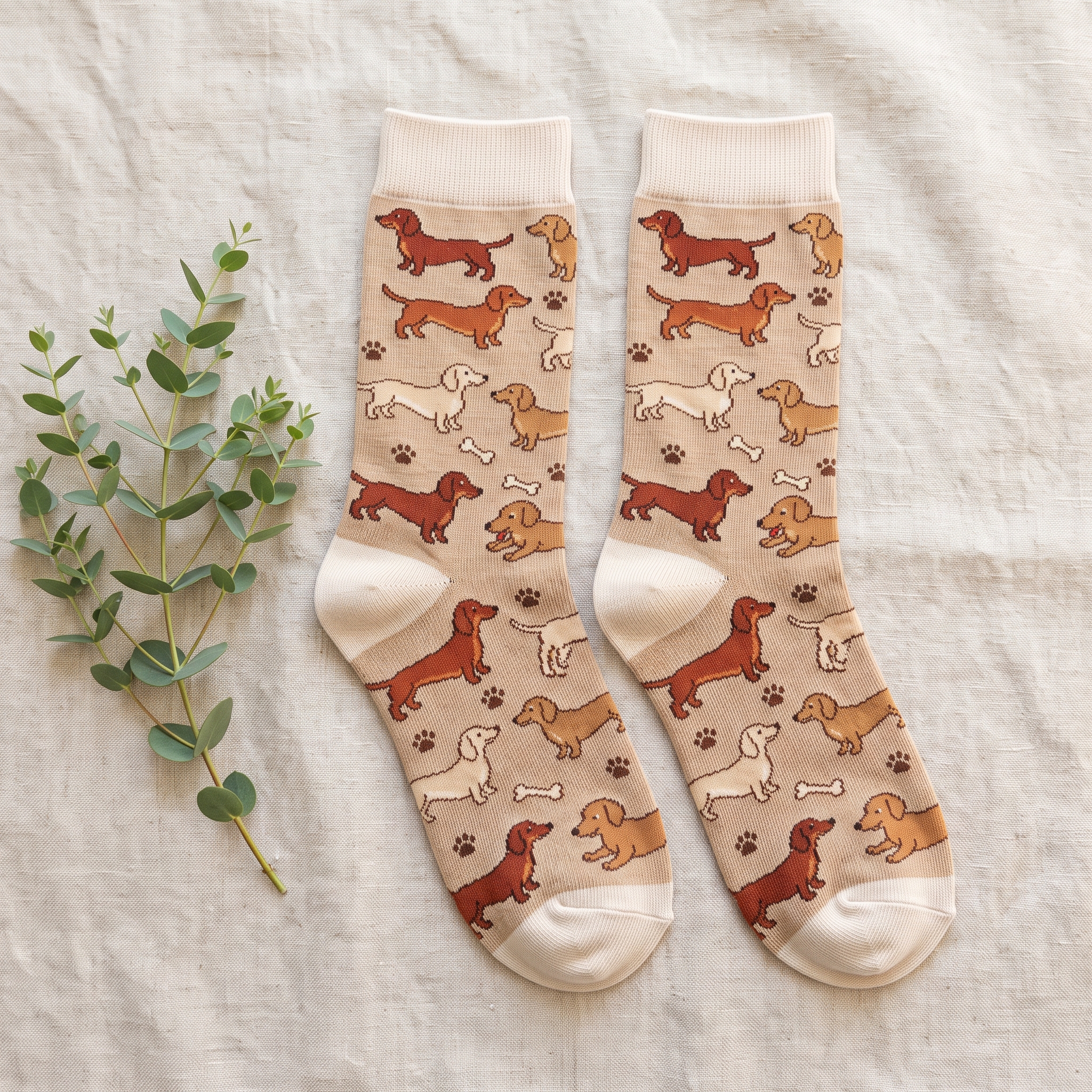 A real Etsy-listing-style pair of crew socks with a charming all-over dachshund print, laid flat on a soft neutral background beside a sprig of greenery.