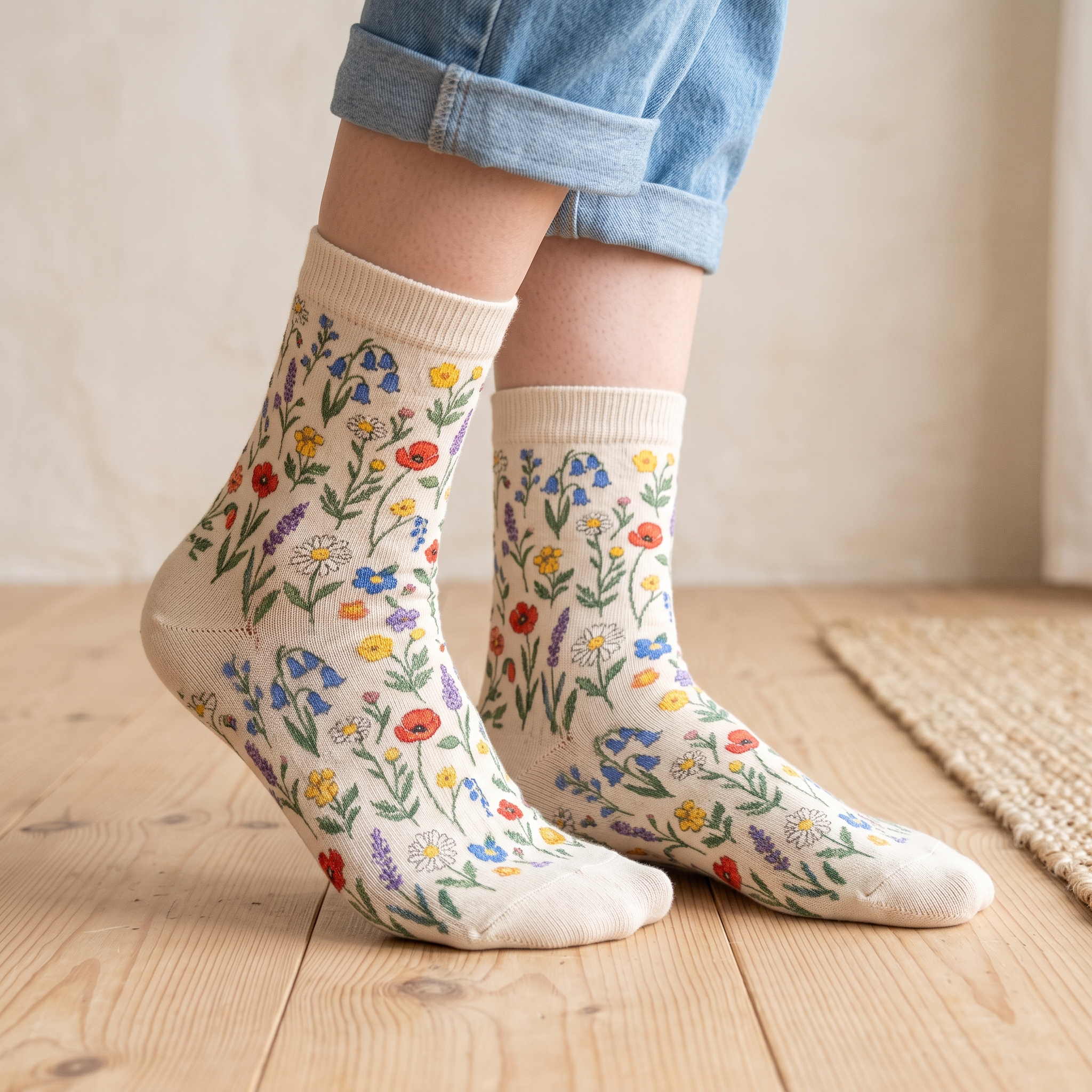 A real Etsy-listing-style pair of cotton crew socks with a pretty ditsy wildflower print, styled worn on a model's feet against a clean light background.