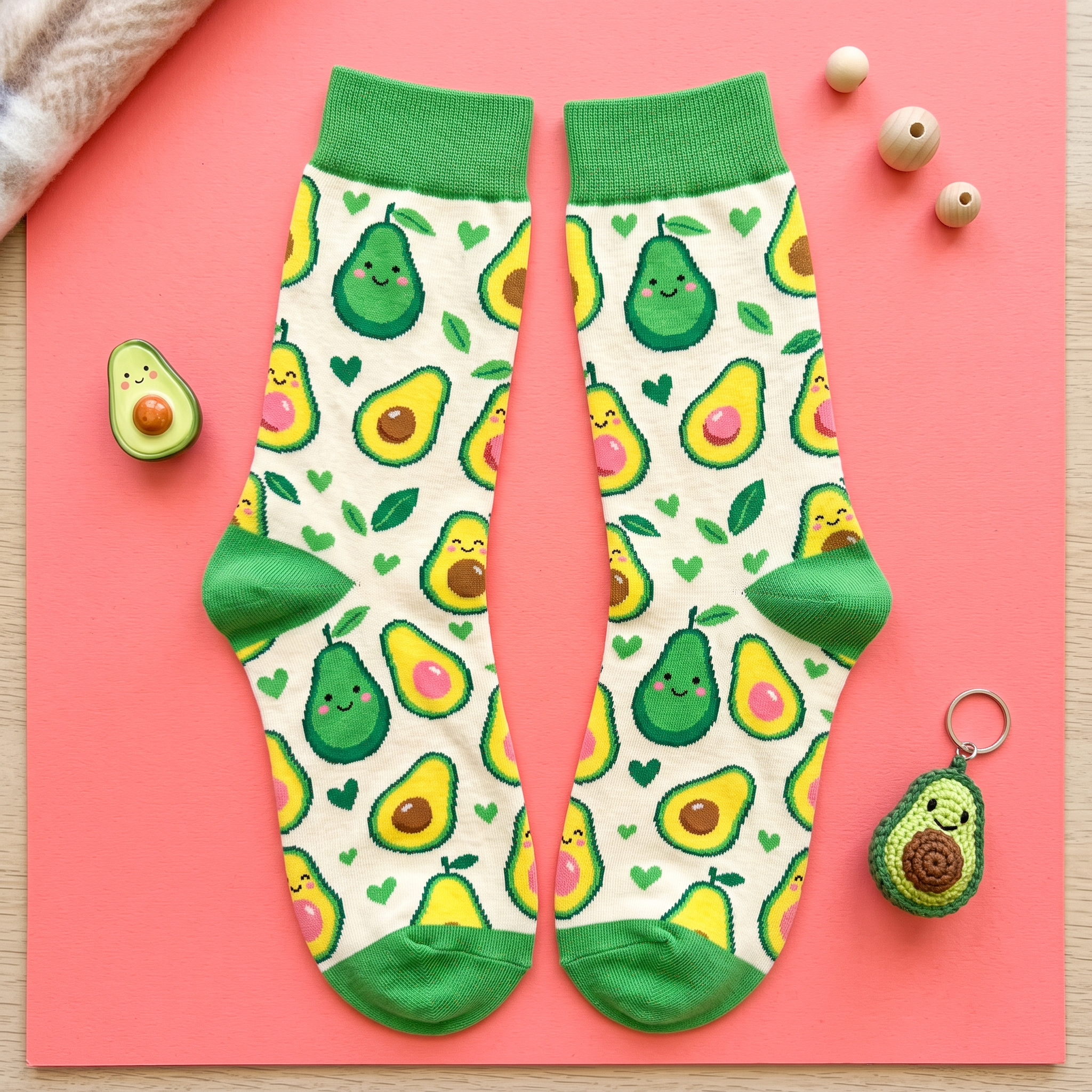 A real Etsy-listing-style pair of fun novelty socks with an all-over avocado print, laid flat on a bright playful background with a couple of props.