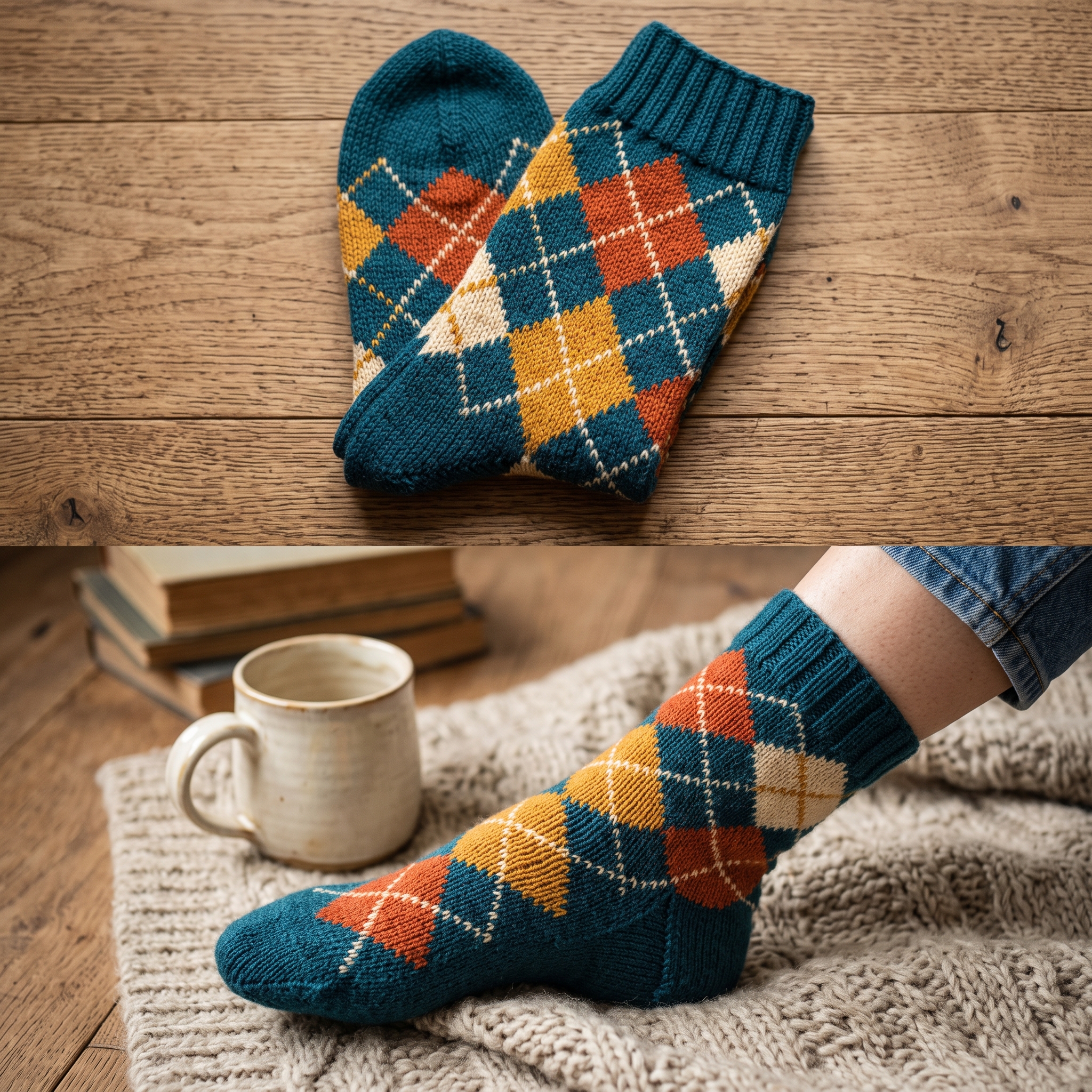 A real Etsy-listing-style pair of knit socks in a bold retro argyle pattern, shown both flat and on a foot in a cozy styled scene.