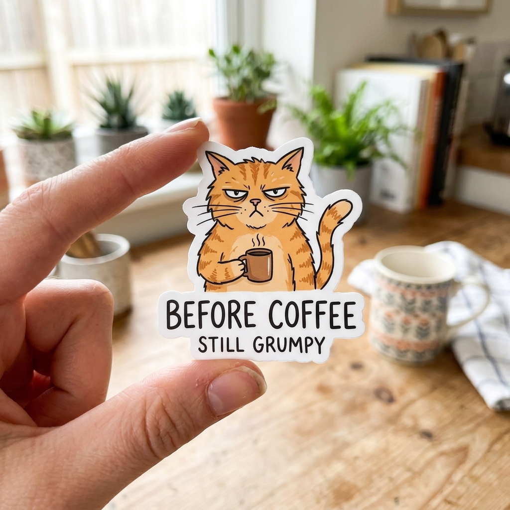 A real Etsy-listing-style photo of a funny illustrated die-cut sticker held up in a hand against a bright everyday background.