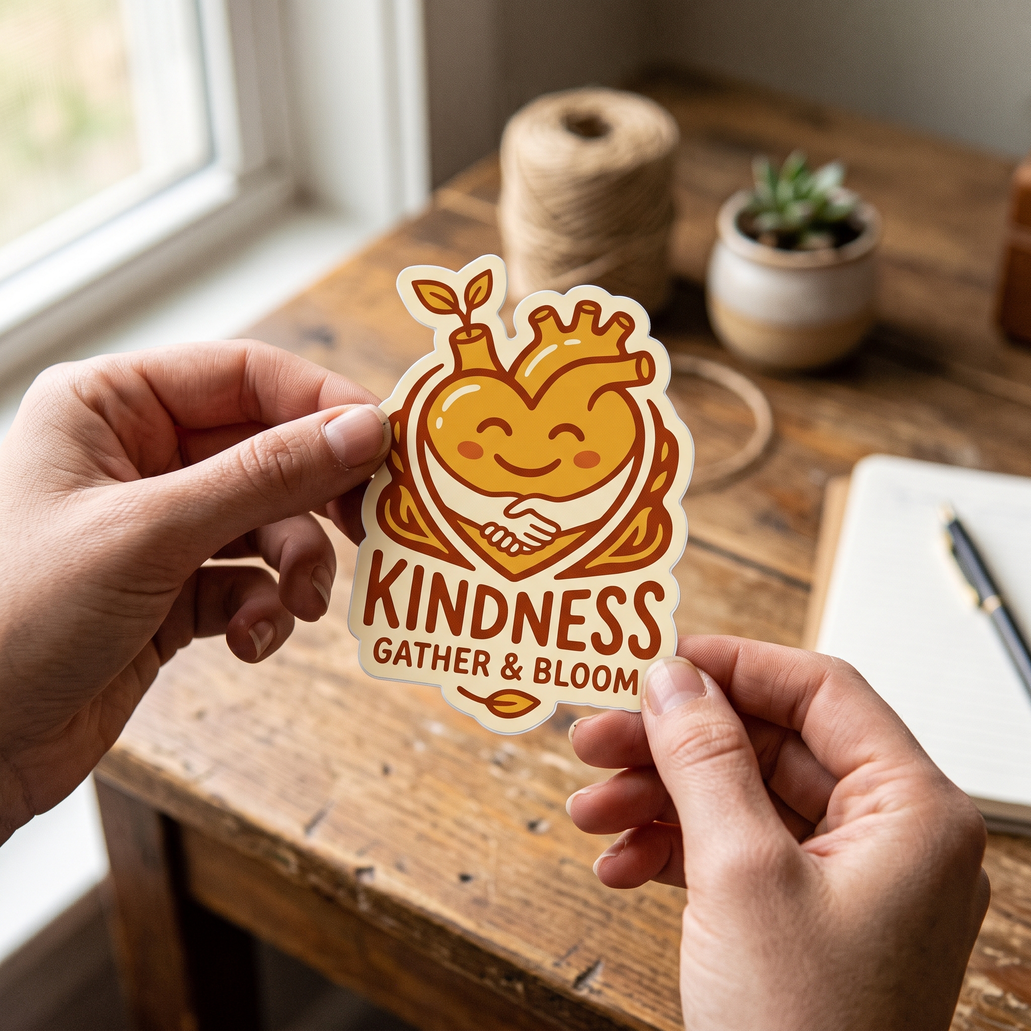 A real Etsy-listing-style photo of a bold illustrated cause-and-message sticker held between two fingers.