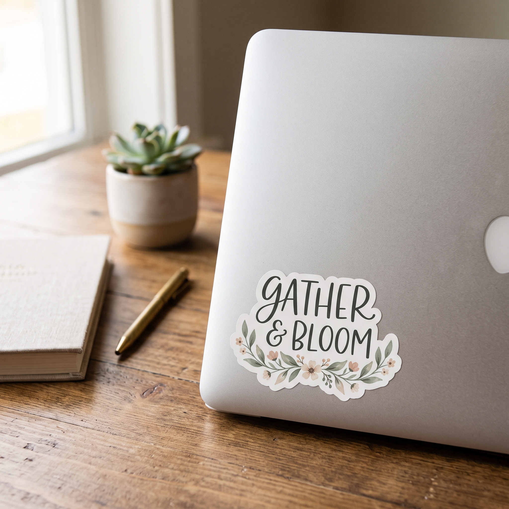 A real Etsy-listing-style photo of a hand-lettered quote sticker on a laptop lid.