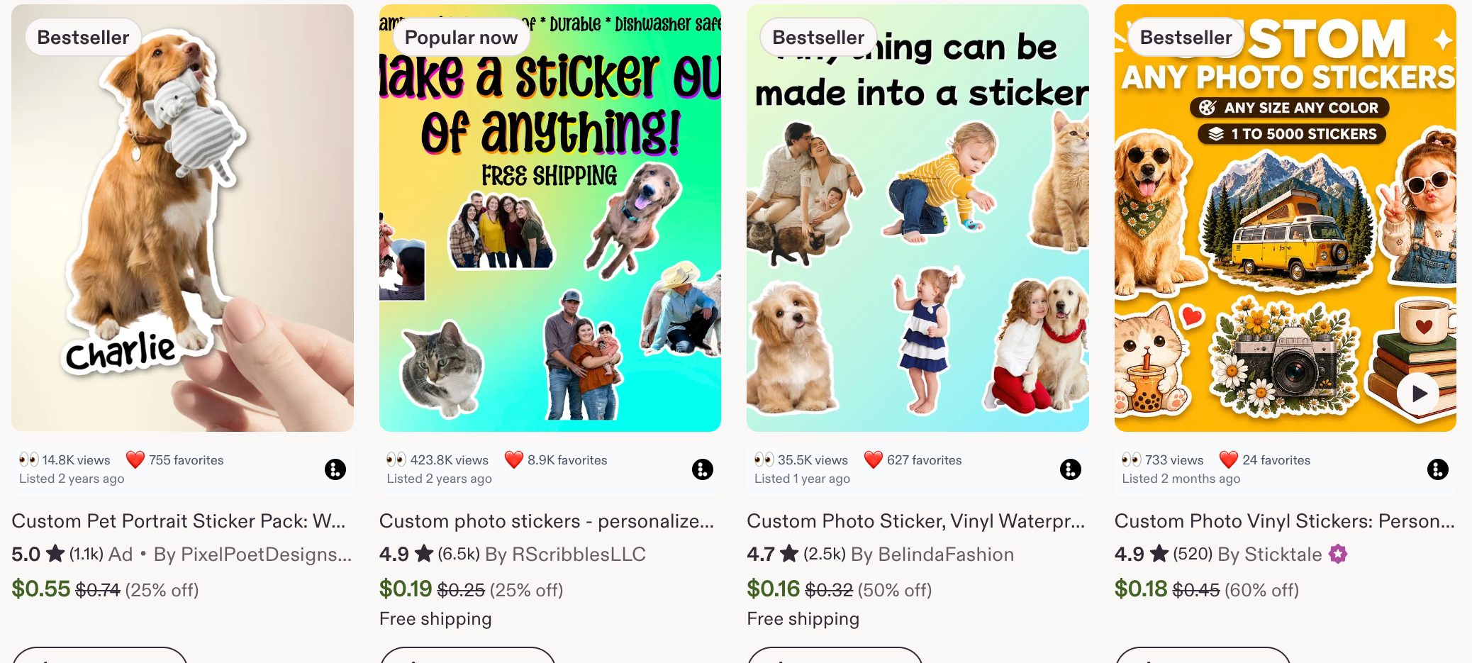 A row of Etsy sticker listings with the Listadum browser extension showing views and favorites on each card.