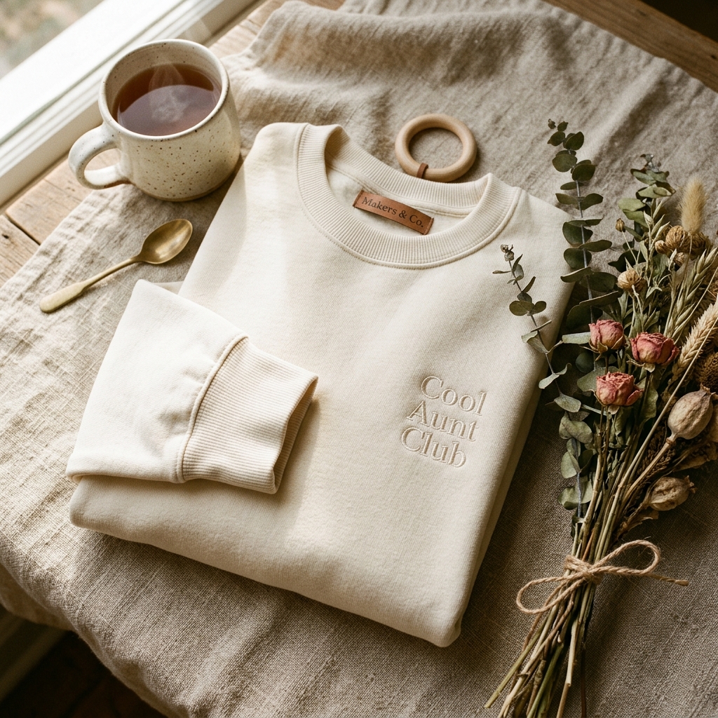 A real Etsy-listing-style flat-lay of a folded cream crewneck sweatshirt with a small tonal left-chest embroidered identity line, styled with a mug and dried flowers.