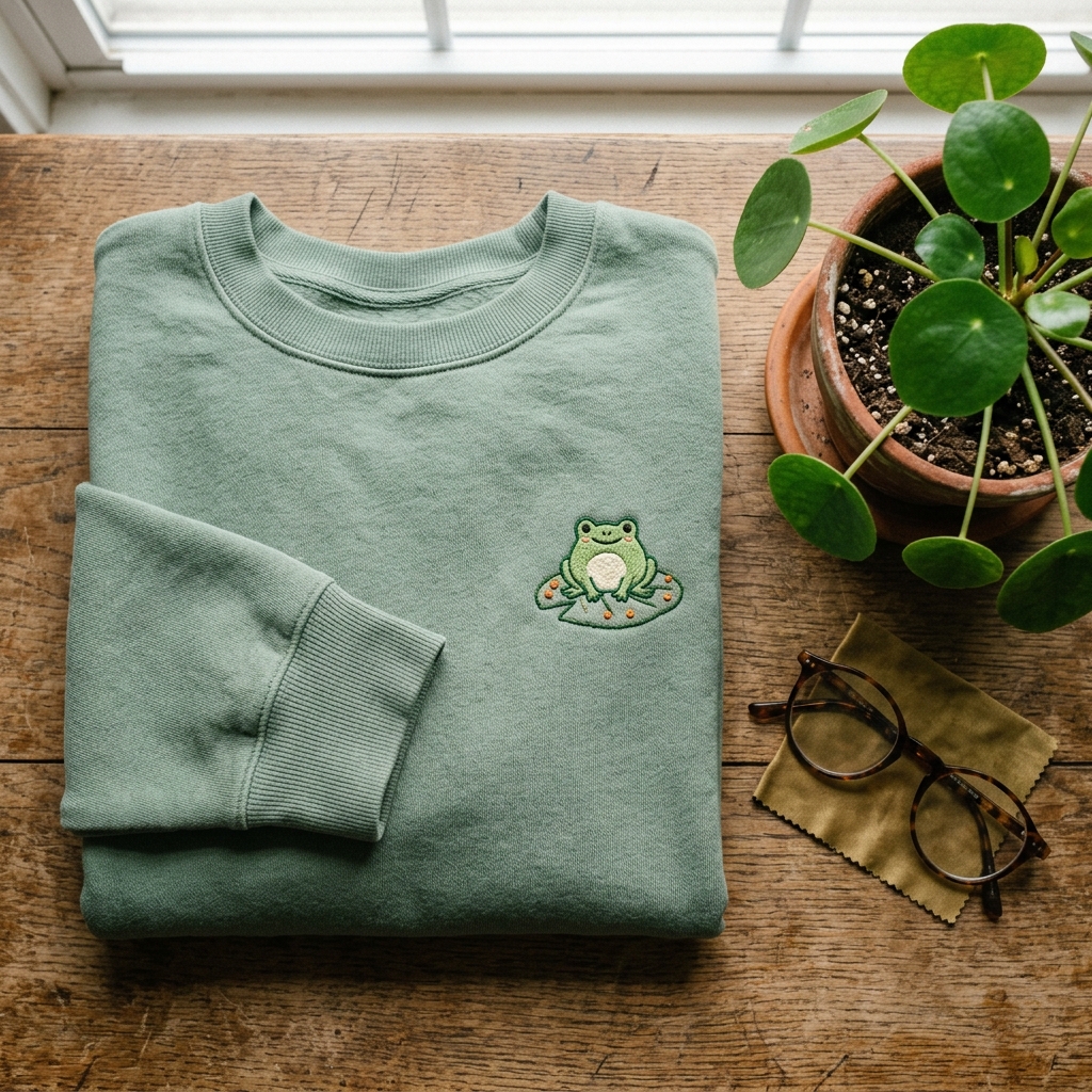 A real Etsy-listing-style flat-lay of a folded sage crewneck with a small embroidered whimsical animal motif on the chest, propped with a houseplant.