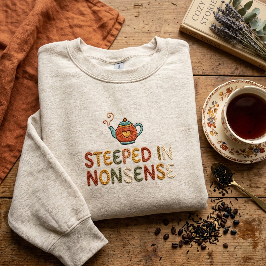 A real Etsy-listing-style flat-lay of a folded oatmeal crewneck with a small embroidered pun motif, styled with a teacup and beans.