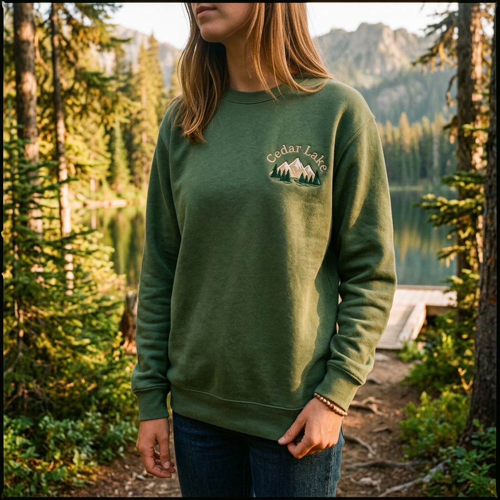 A real Etsy-listing-style lifestyle photo of someone wearing a moss-green crewneck outdoors with a small embroidered mountain-and-pine chest motif.