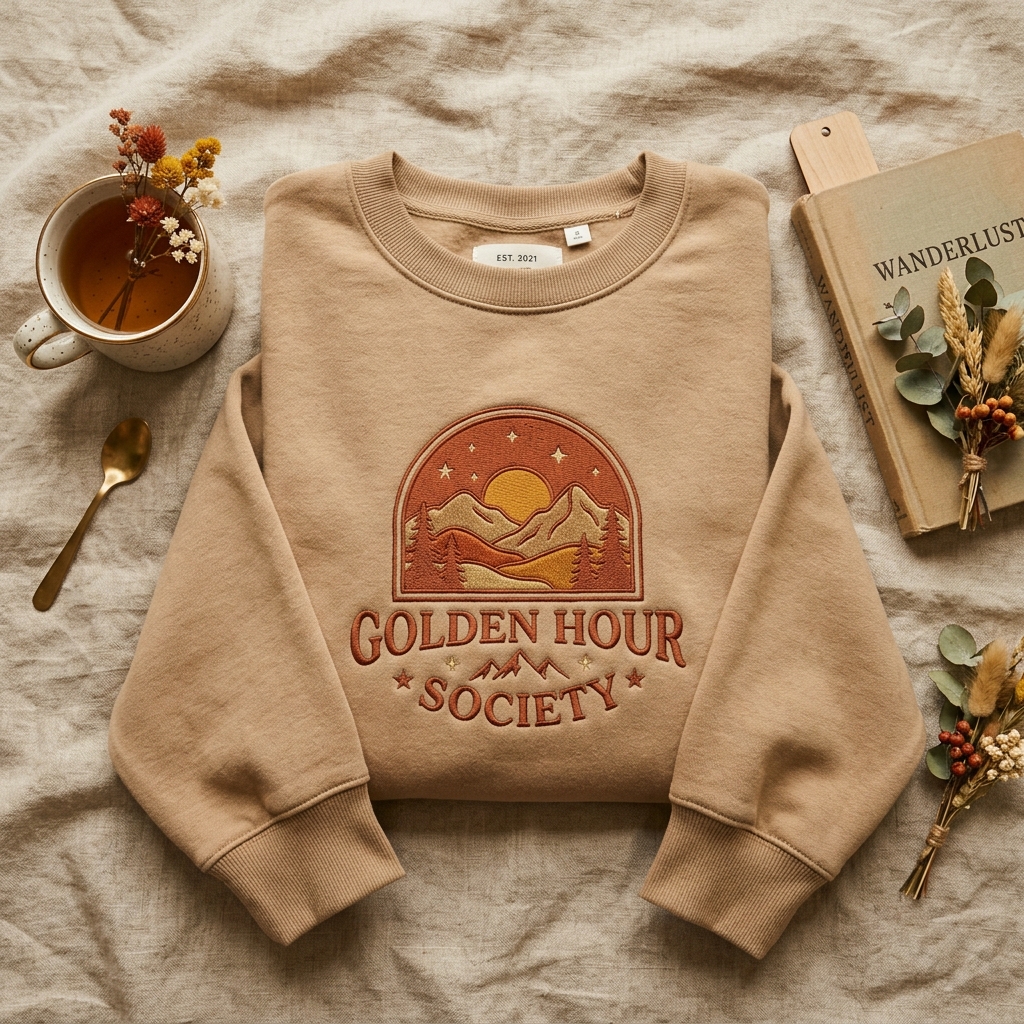 A real Etsy-listing-style flat-lay of a folded tan crewneck with a faded retro sunset arch badge in tonal puff embroidery.