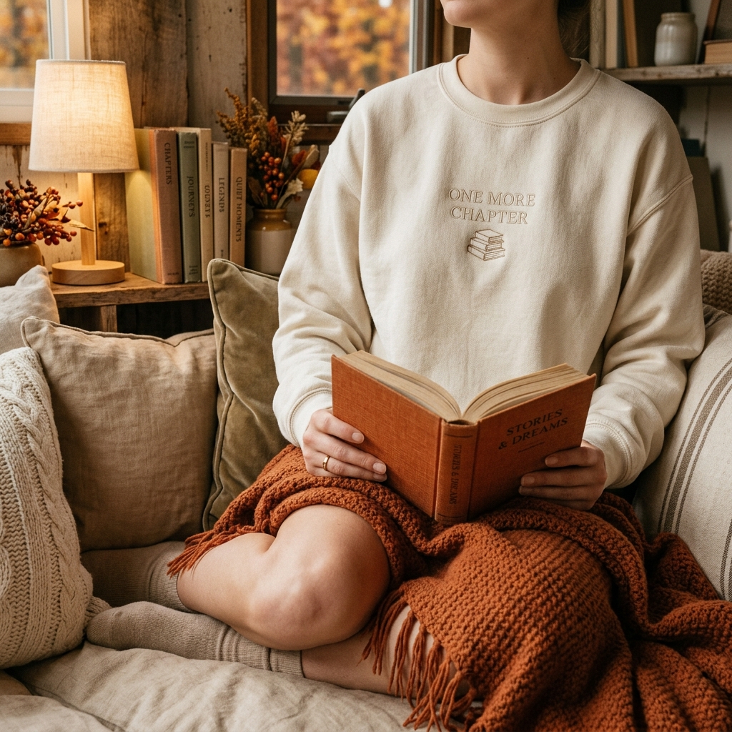 A real Etsy-listing-style lifestyle photo of a person in a reading nook wearing a cream crewneck with a small embroidered bookish chest line and a tiny stitched book stack.