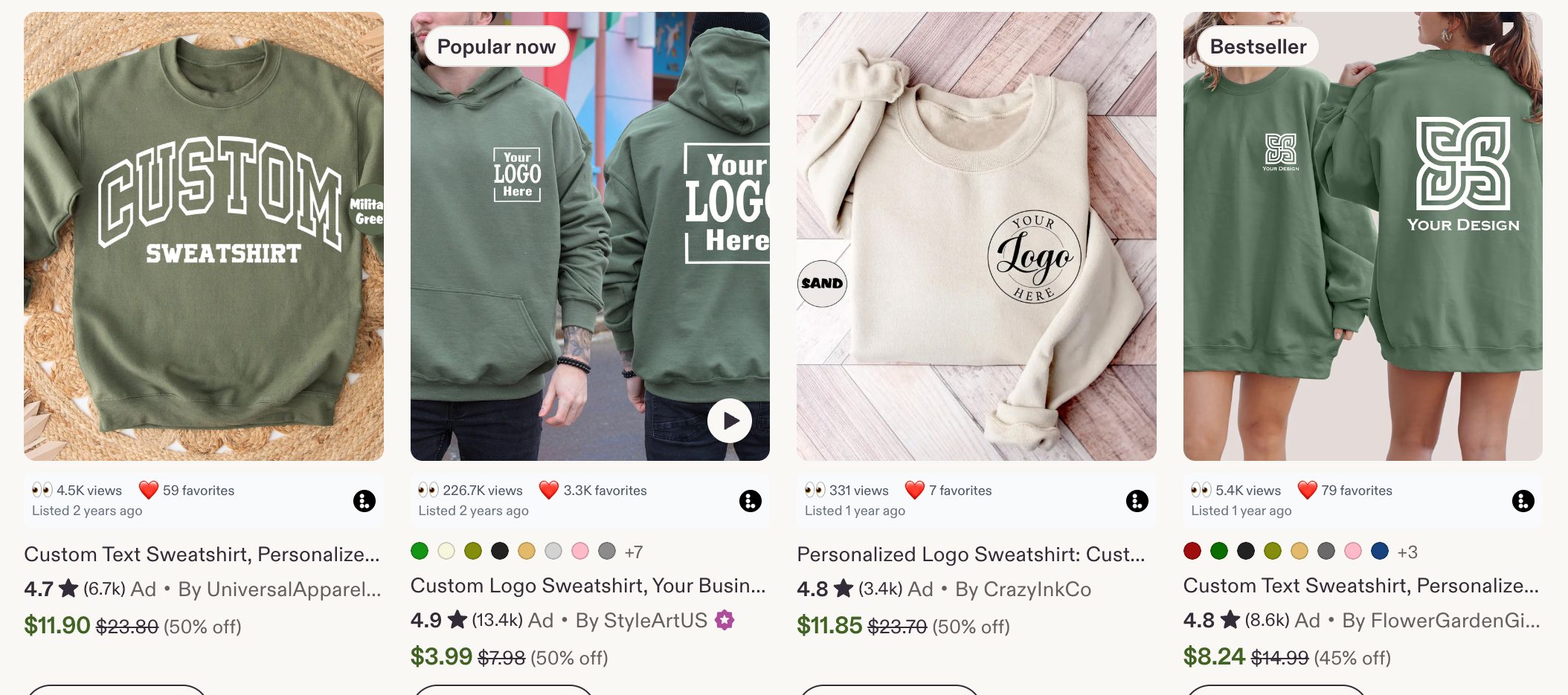 A row of Etsy sweatshirt listings with the Listadum browser extension showing views and favorites on each card.