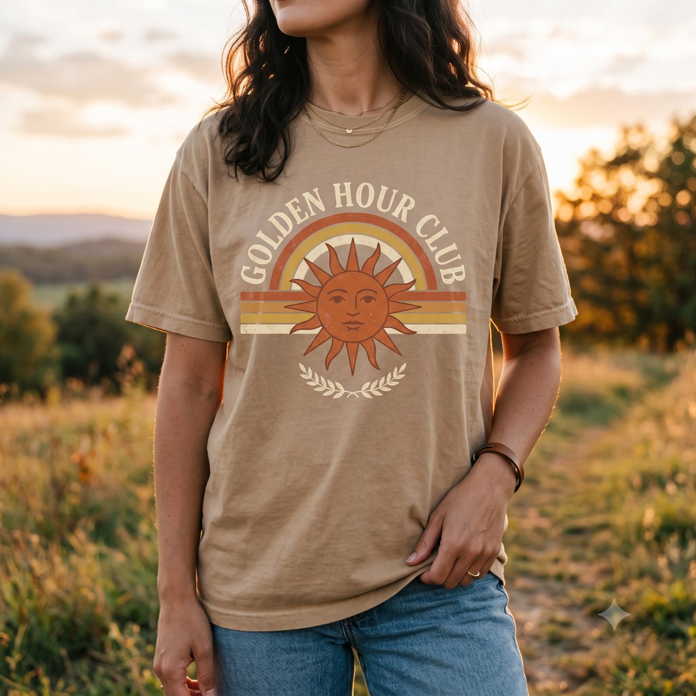 A real Etsy-listing-style example of a retro t-shirt: a faded sunset badge design on a vintage-washed tee.