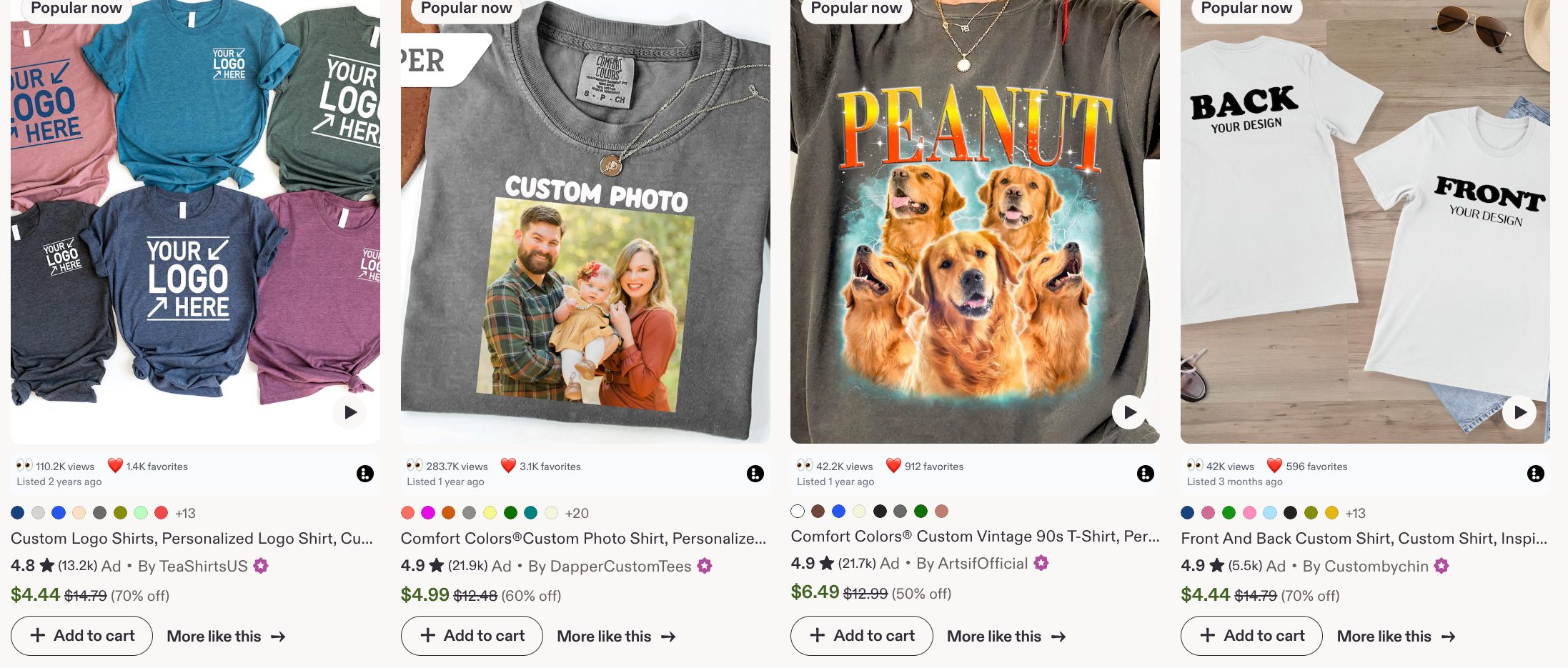 A row of Etsy search cards with the Listadum browser extension overlaying the views and favorites count on each listing.