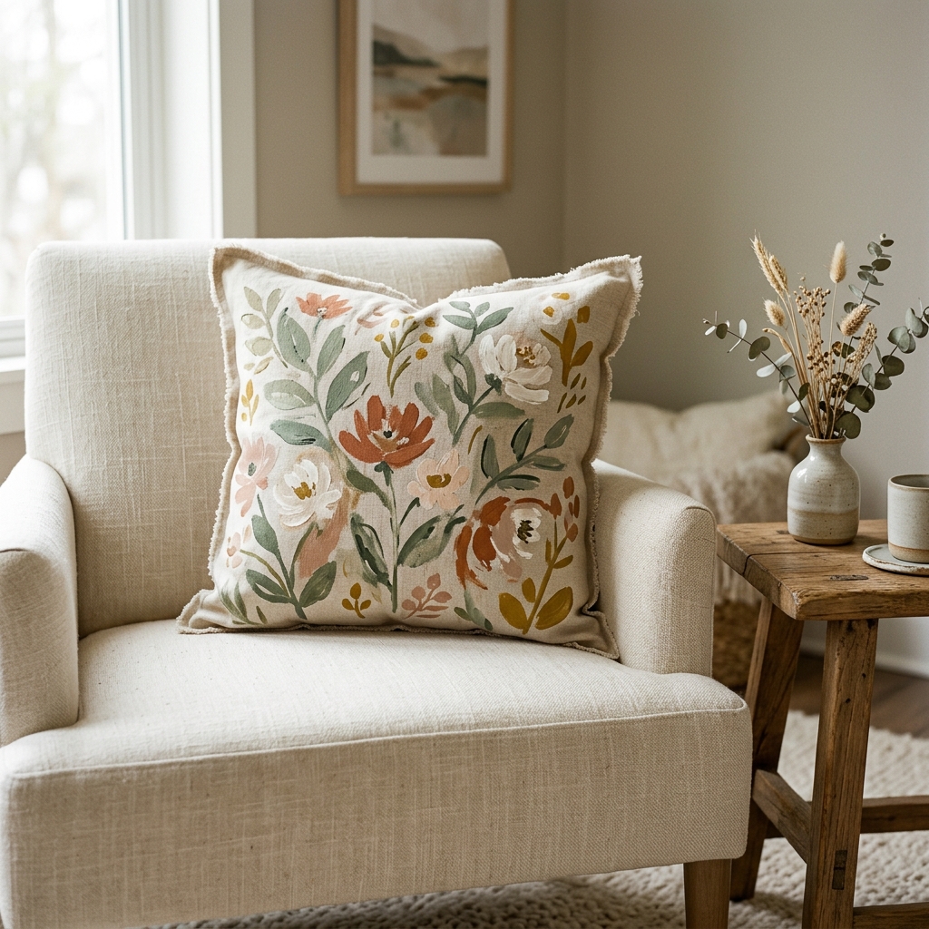A real Etsy-listing-style throw pillow with a loose, hand-painted floral design in muted tones, styled on a linen armchair in warm light.