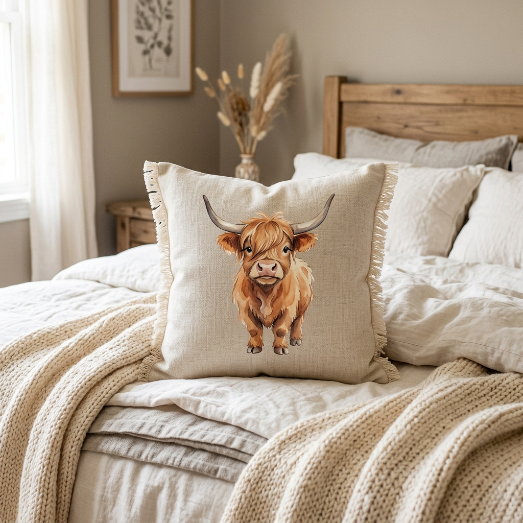 A real Etsy-listing-style throw pillow with a single whimsical illustrated animal, styled on a neutral bed with layered linens.