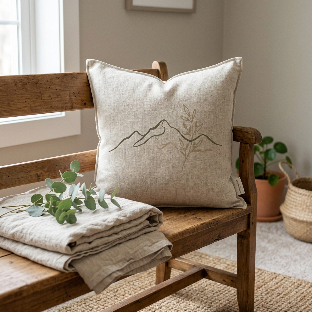 A real Etsy-listing-style throw pillow with a minimal botanical or landscape nature motif in muted green, styled on a wooden bench with a linen throw.