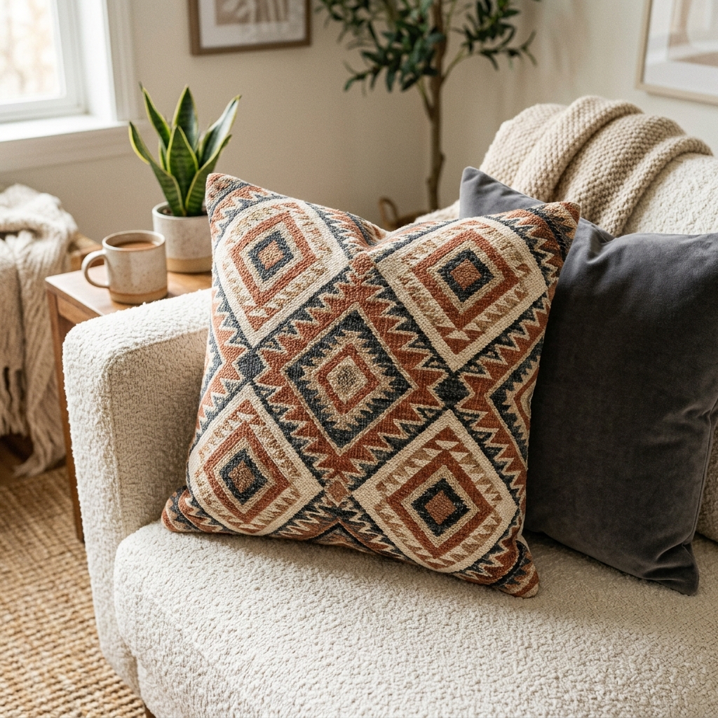 A real Etsy-listing-style throw pillow with a woven or printed repeating pattern in earthy tones, styled on a textured sofa with contrasting cushions.