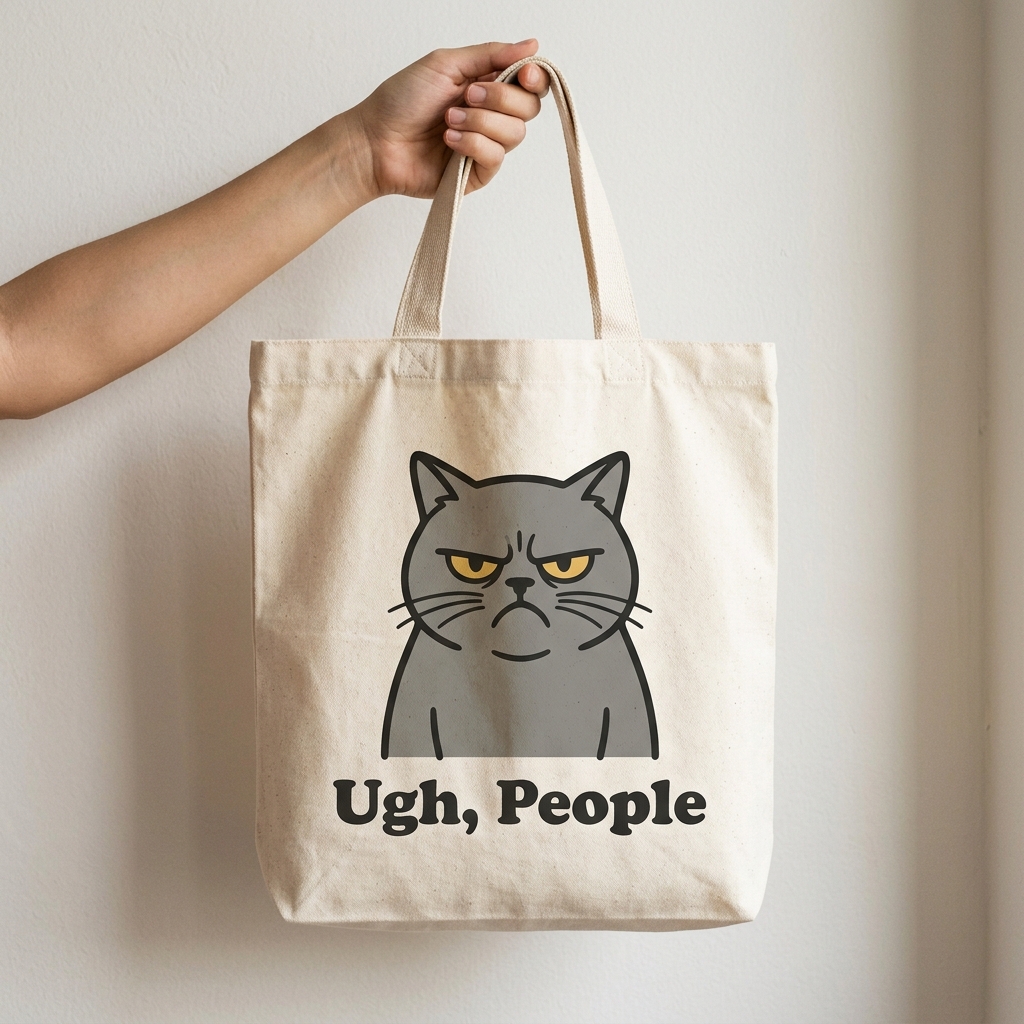 A real Etsy-listing-style example of a funny tote bag: a simple illustration with a laugh-out-loud caption, held against a plain background.