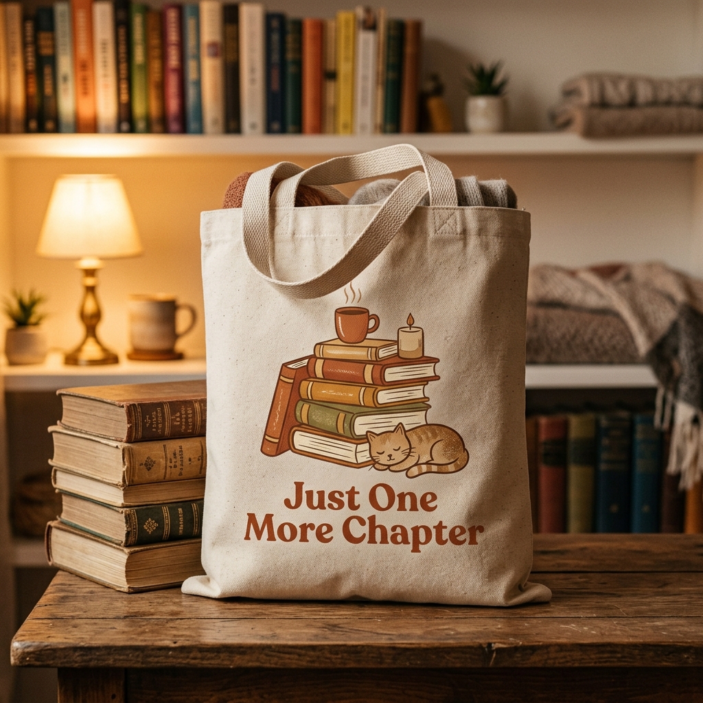 A real Etsy-listing-style example of a book tote bag: a stack of illustrated books with a reader's in-joke caption.