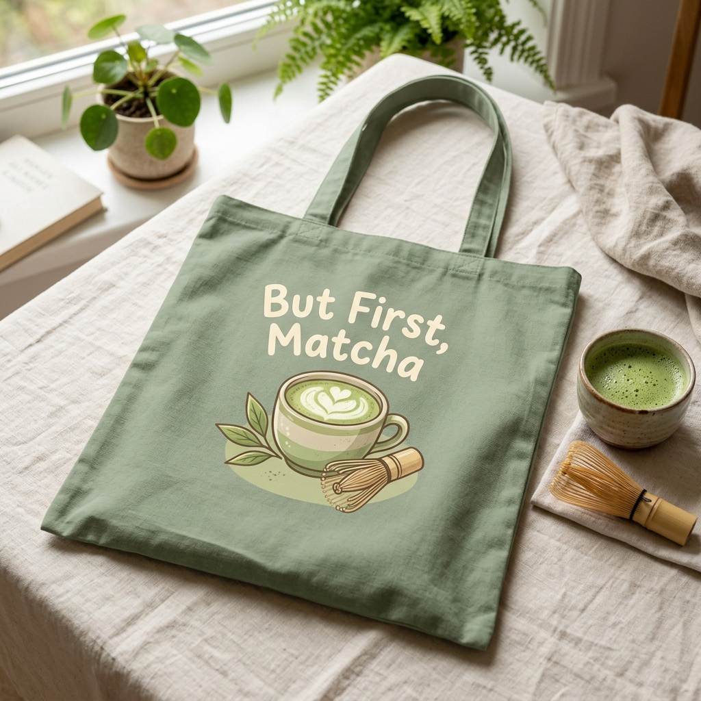 A real Etsy-listing-style example of a food and drink tote bag: a cozy illustrated drink or snack with a short caption.