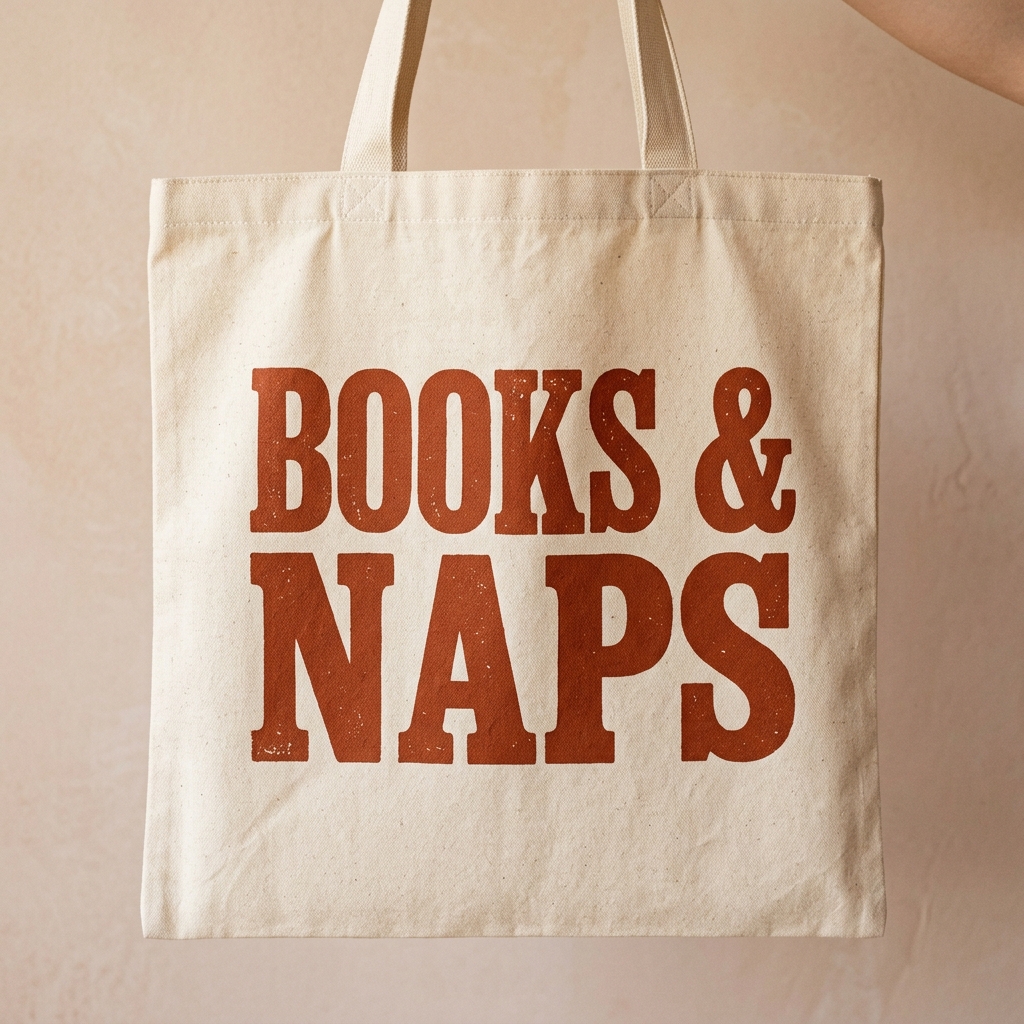 A real Etsy-listing-style example of a statement tote bag: a short bold printed phrase filling the front of the bag.