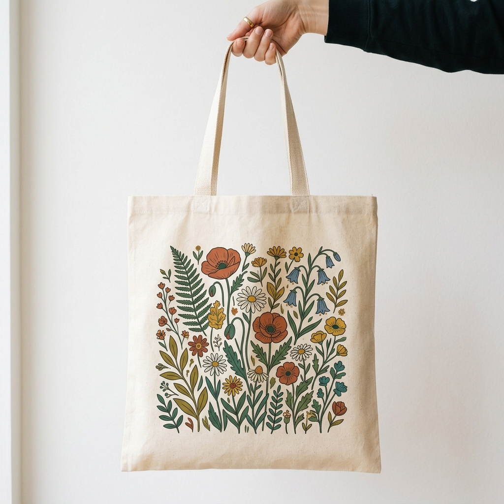A real Etsy-listing-style clean product shot: a natural-canvas tote held up against a plain wall so the printed design fills the frame. A clear, simple shot beats a busy flat-lay.