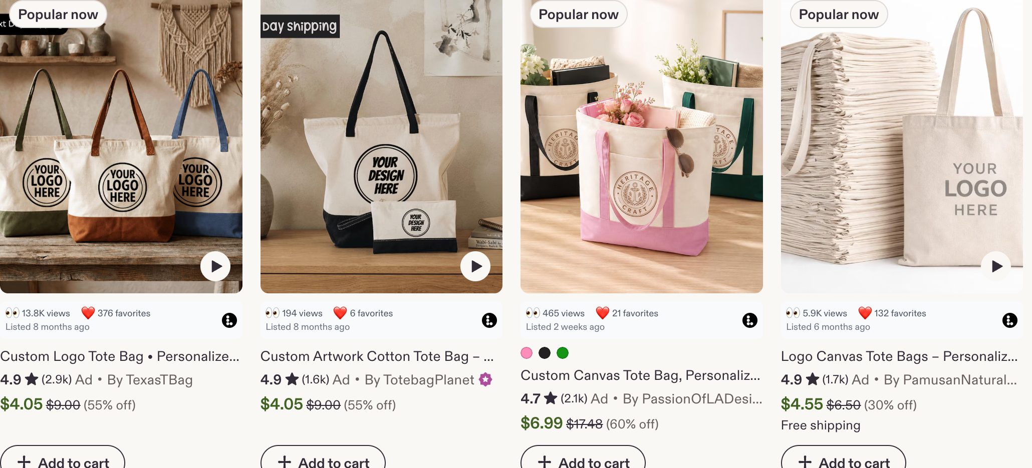 A row of Etsy tote bag listings with the Listadum browser extension showing views and favorites on each card.