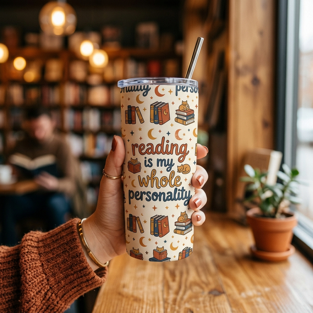 A real Etsy-listing-style photo of a full-wrap printed tumbler carrying in-group hobby energy, held in a warm lifestyle scene.