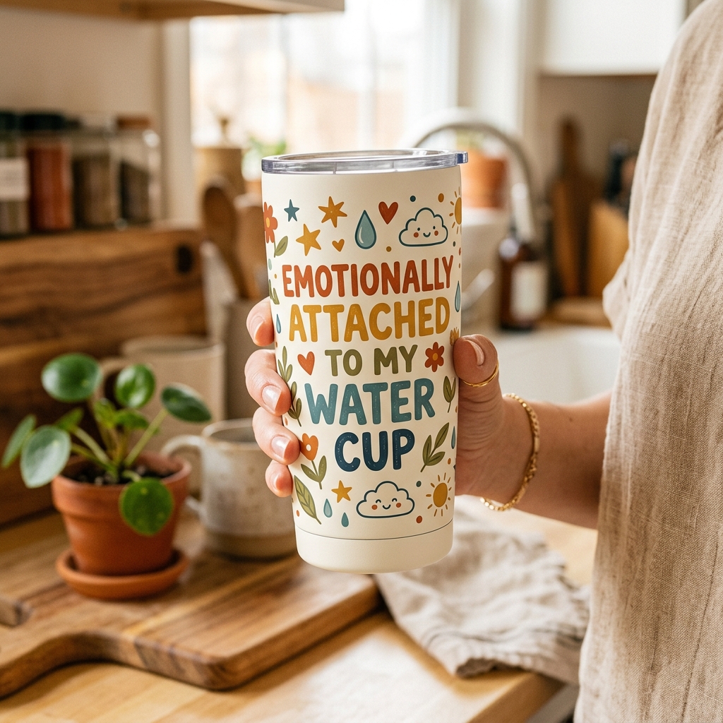A real Etsy-listing-style photo of a full-wrap printed tumbler with a bold statement wrapping around it, held in a cozy scene.