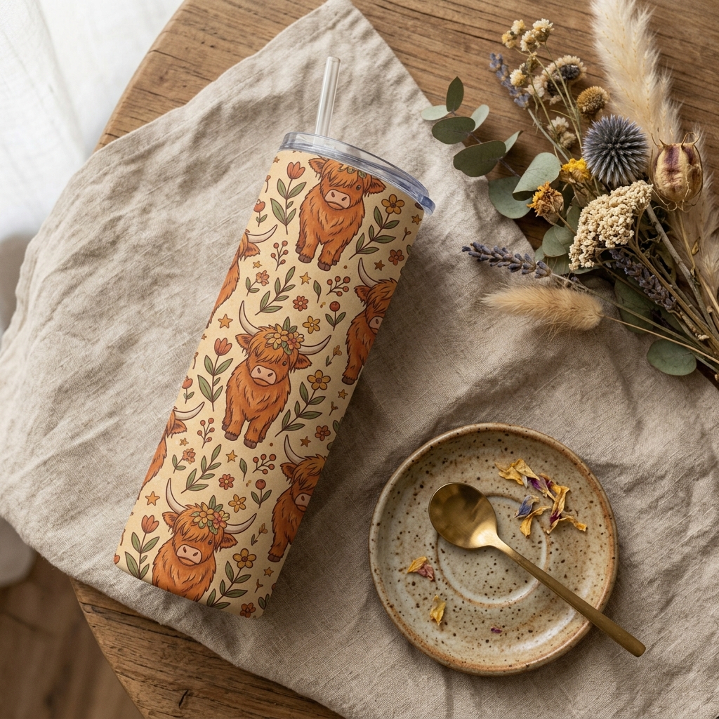A real Etsy-listing-style photo of a full-wrap printed tumbler featuring a cute illustrated animal, styled with props in warm light.