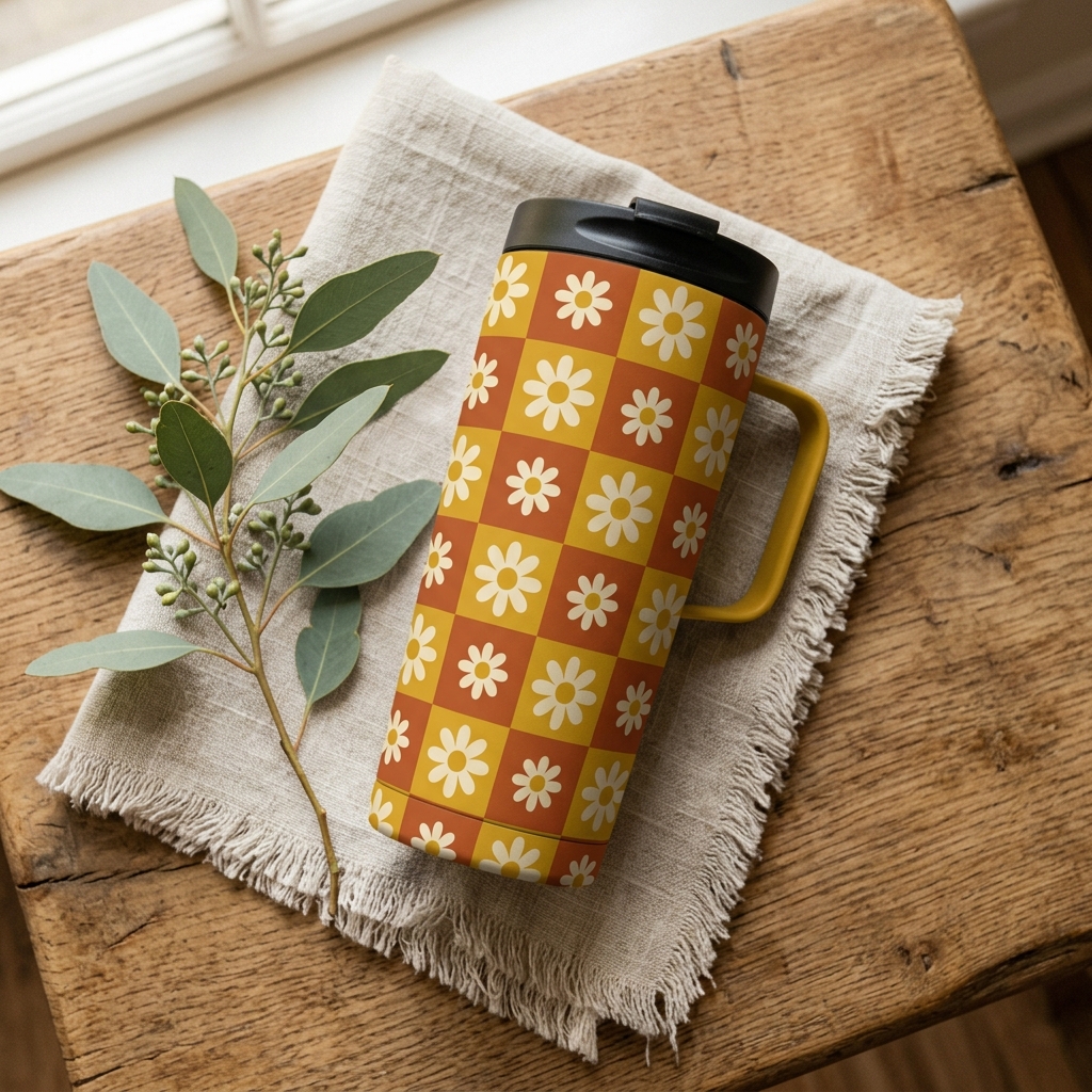 A real Etsy-listing-style photo of a full-wrap printed tumbler covered in a bold repeating pattern, propped in a styled scene.