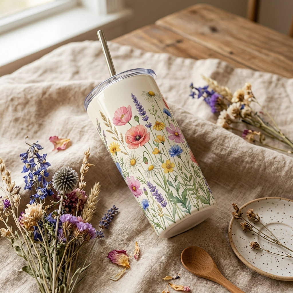 A real Etsy-listing-style photo of a full-wrap printed tumbler covered in a colorful floral design, styled with props.