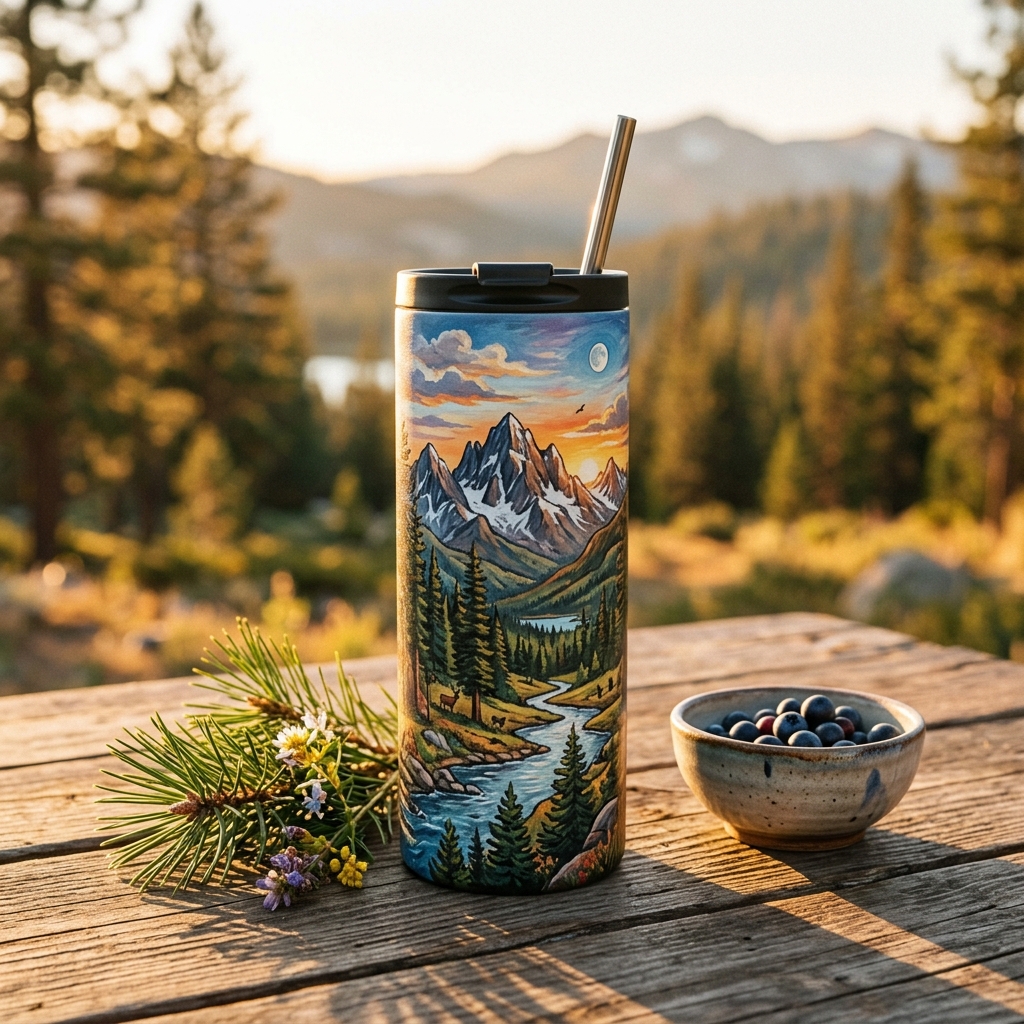 A real Etsy-listing-style photo of a full-wrap printed tumbler with a nature or celestial scene wrapping around it, in warm light.