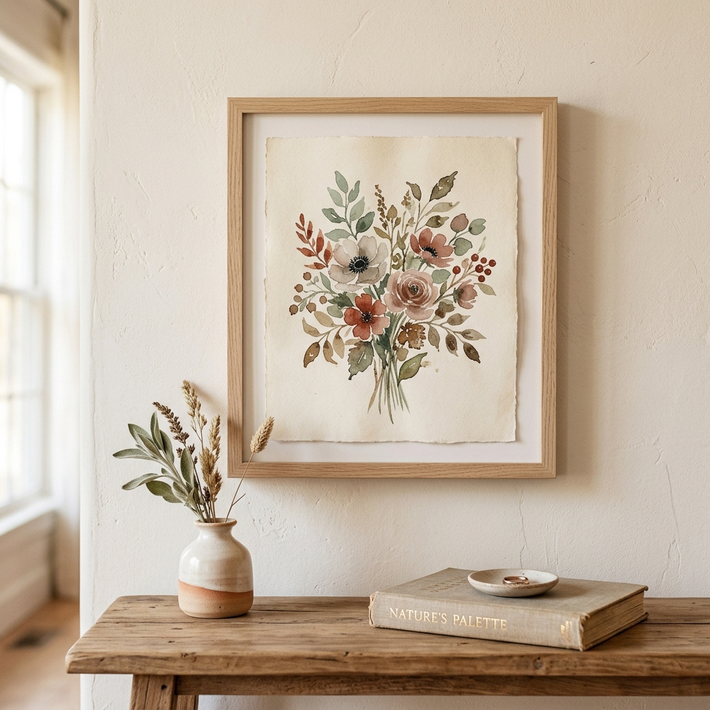 A real Etsy-listing-style framed print of a loose, hand-painted floral in muted tones, hung on a warm neutral wall above a console table.