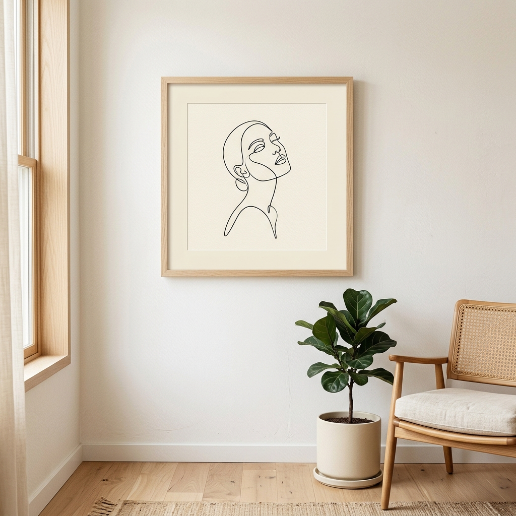 An Etsy-listing-style photo of a framed figure-and-line-art print on a wall — the kind of decorative art that out-pulls a custom portrait.