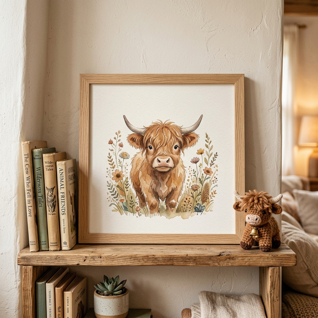A real Etsy-listing-style framed whimsical illustration of a single small animal, styled on a shelf in a child-friendly neutral room.