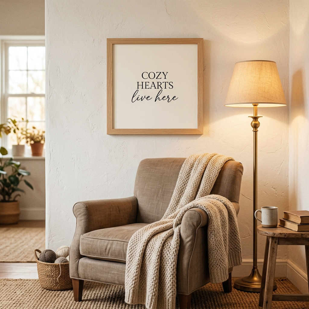 A real Etsy-listing-style framed typographic print with a short warm phrase in an elegant serif, styled above a reading chair.