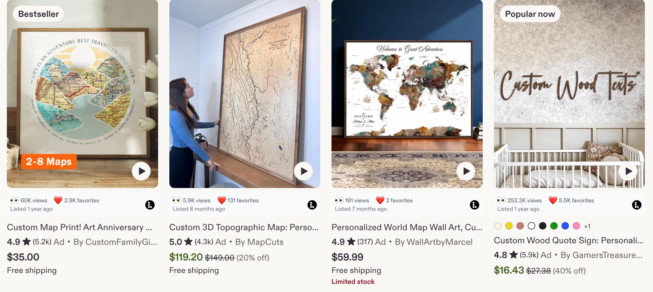 A row of Etsy wall art listings with the Listadum browser extension showing views and favorites on each card.