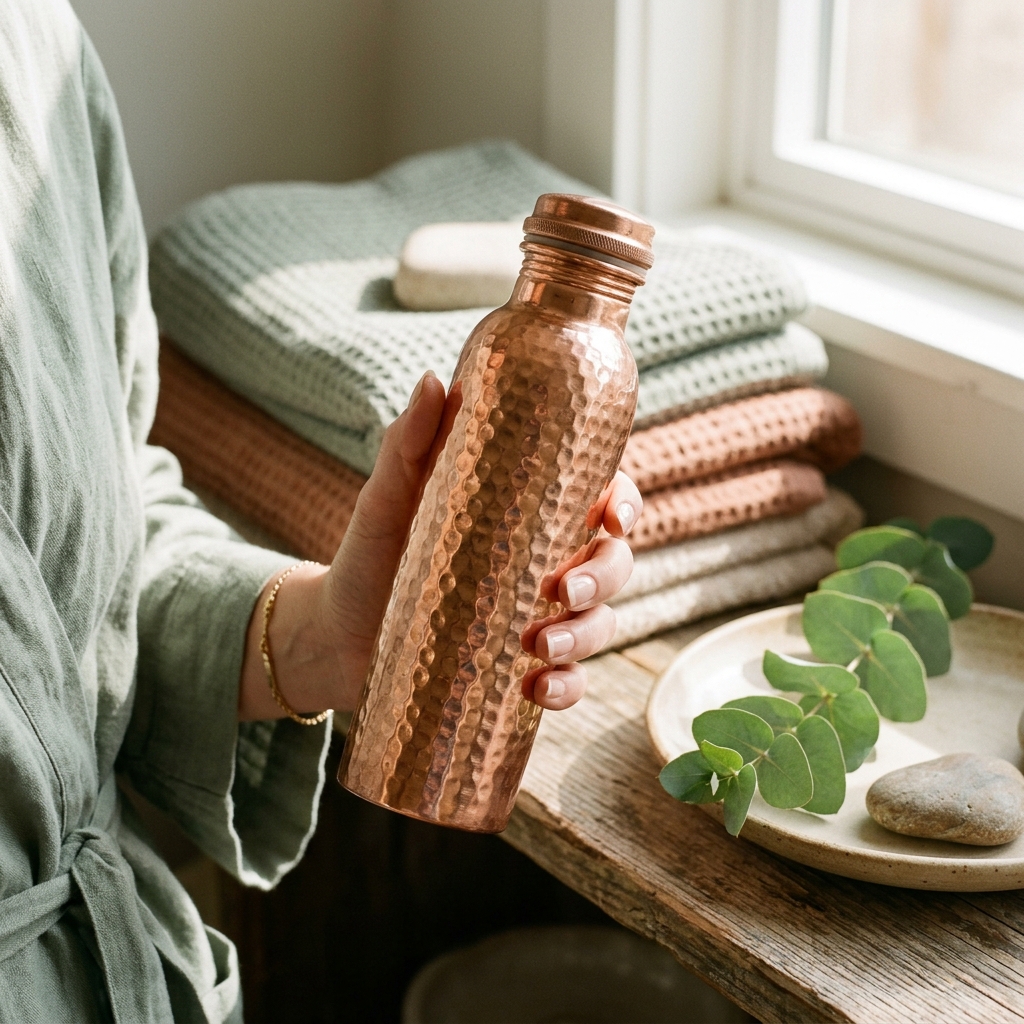 A real Etsy-listing-style example of a wellness water bottle: a hammered copper bottle held in hand with a soft, spa-like backdrop.