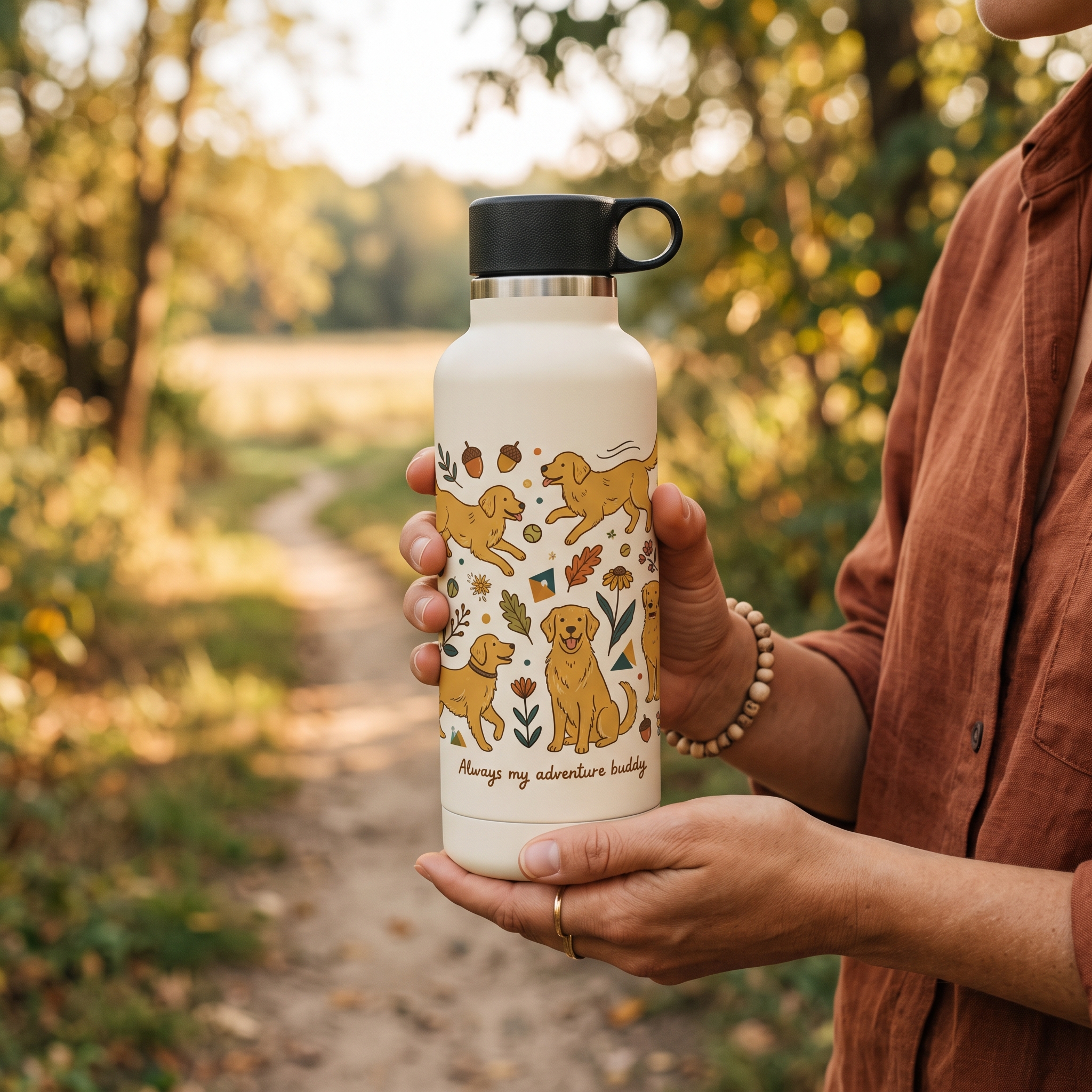 A real Etsy-listing-style example of an animal water bottle: a cute illustrated animal printed around a bottle held outdoors.