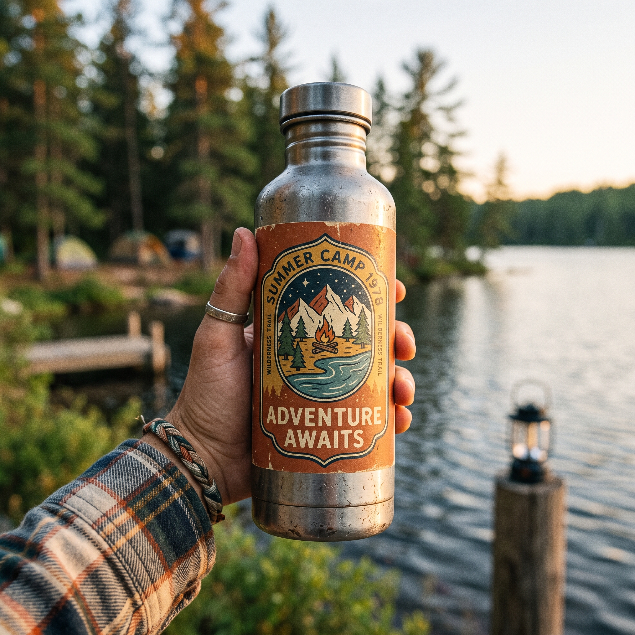 A real Etsy-listing-style example of a nostalgia water bottle: an original retro-arcade or retro-camp graphic wrap held in hand.